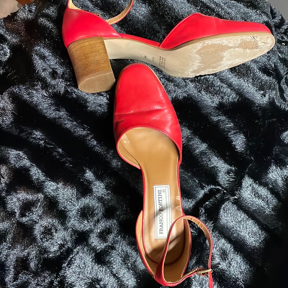 2-1/4 “chunky heel red with adjustable strap around ankle, leather size 8